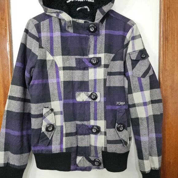 Y2K Fox Rider Faux Fur Lined Plaid Hoodie Jacket Purple/Black Size Medium - Picture 4 of 10